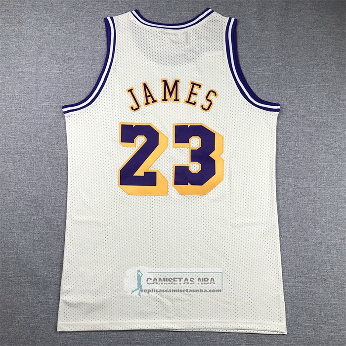 Camiseta Los Angeles Lakers Lebron James NO 23 Mitchell & Ness Chainstitch Crema